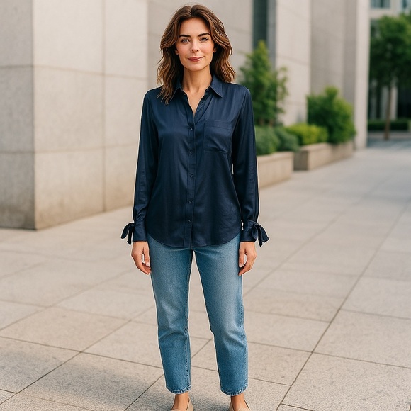 Banana Republic Silky Oversized Long Sleeve Button Up in Dark Grey Size Medium - Picture 10 of 10